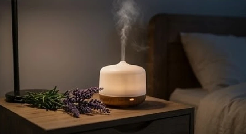 Máy xông tinh dầu hoa oải hương tỏa khói dịu nhẹ trong phòng ngủ tối, giúp xoa dịu hệ thần kinh và mang lại giấc ngủ sâu