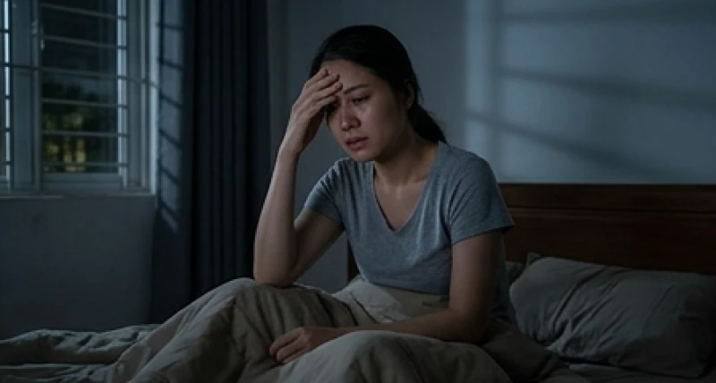 Mơ thấy người âm theo: Tự chẩn đoán nguyên nhân và cách hóa giải 1 Người phụ nữ tỉnh dậy giữa đêm với khuôn mặt lo âu và mồ hôi sau một cơn ác mộng