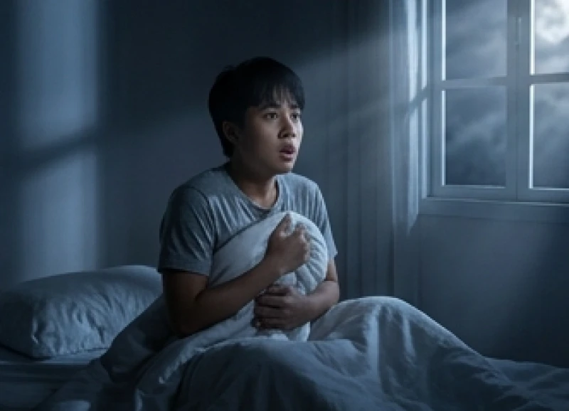 Người phụ nữ giật mình tỉnh giấc giữa đêm với ánh mắt hoảng hốt và nhịp thở gấp gáp