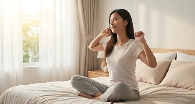 Một cô gái ngồi trên giường, vẻ mặt nhẹ nhõm và thư giãn khi tỉnh dậy vào buổi sáng