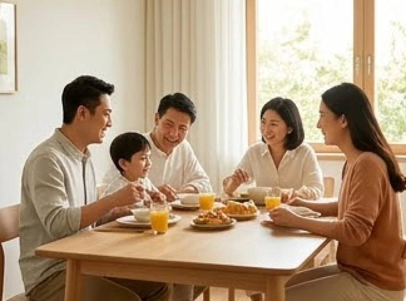 Bữa ăn gia đình đầm ấm ngập tràn tiếng cười minh chứng cho sự hòa hợp năng lượng giữa cha mẹ và con cái