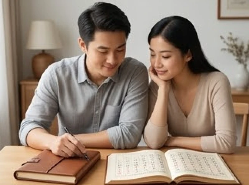 Cặp vợ chồng trẻ đang cùng nhau xem lịch vạn niên và sổ tay để lên kế hoạch sinh con cẩn thận