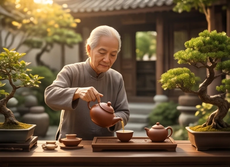 Cụ già đang thưởng trà thư giãn tại không gian sân vườn yên tĩnh giúp cân bằng vận hạn tử vi tuổi tý năm 2027
