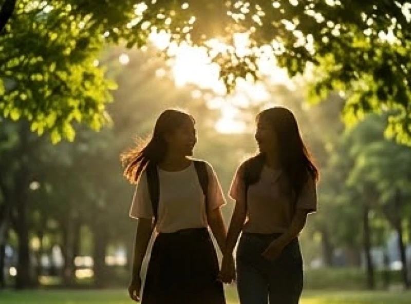 Đôi bạn trẻ thong thả dạo bước dưới ánh nắng ban mai tượng trưng cho một đường tình duyên êm đềm hòa thuận