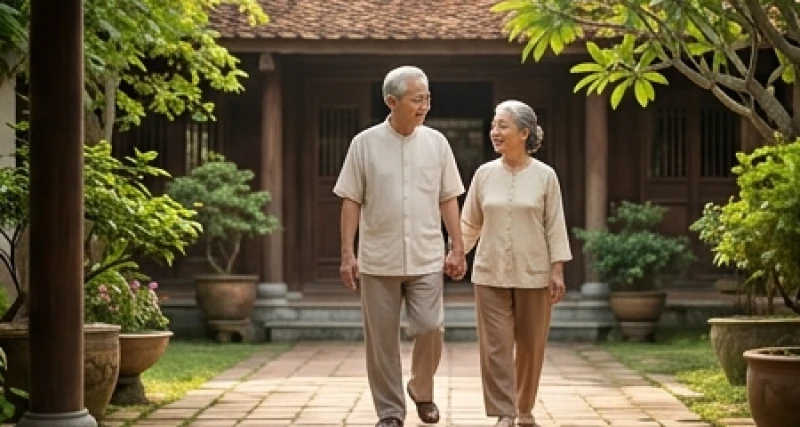 Cặp vợ chồng cao tuổi thảnh thơi dạo bước cùng nhau trong khu vườn yên bình