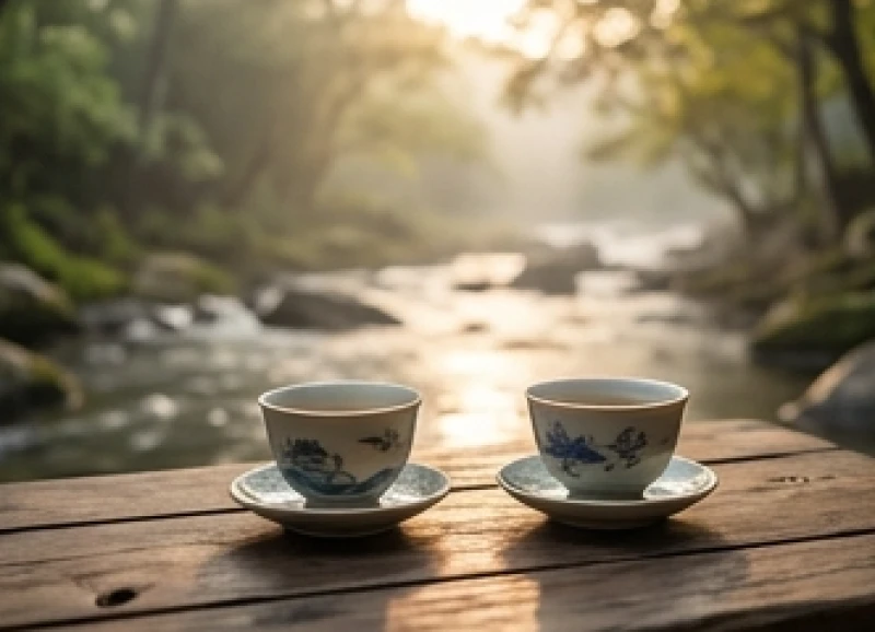 Hai tách trà ấm đặt cạnh nhau trên chiếc bàn gỗ bên suối thể hiện sự thấu hiểu và tôn trọng trong gia đạo