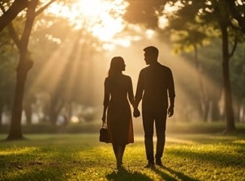 Đôi tình nhân trẻ đi dạo dưới ánh hoàng hôn gợi sự lãng mạn nhưng bồng bột của tuổi thanh xuân