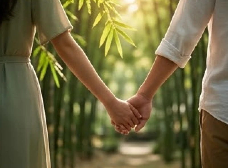 Đôi lứa nắm tay nhau dạo bước dưới bóng cây tĩnh lặng thể hiện sự bình yên trong gia đạo