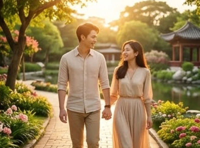 Cặp đôi trẻ nắm tay nhau dạo bước dưới ánh nắng ấm áp buổi chiều tà