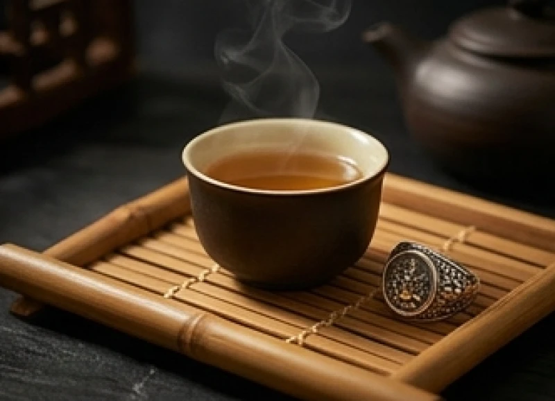 Tử vi trọn đời tuổi Mậu Tý 2008 nam mạng: Vận hạn 18-45 tuổi 3 Tách trà mạn đang bốc khói bên cạnh chiếc nhẫn bạc khắc họa tiết truyền thống