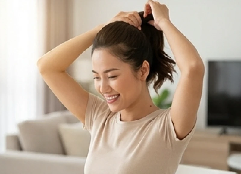 Người phụ nữ mỉm cười buộc tóc cao để lộ nốt ruồi phía sau cổ