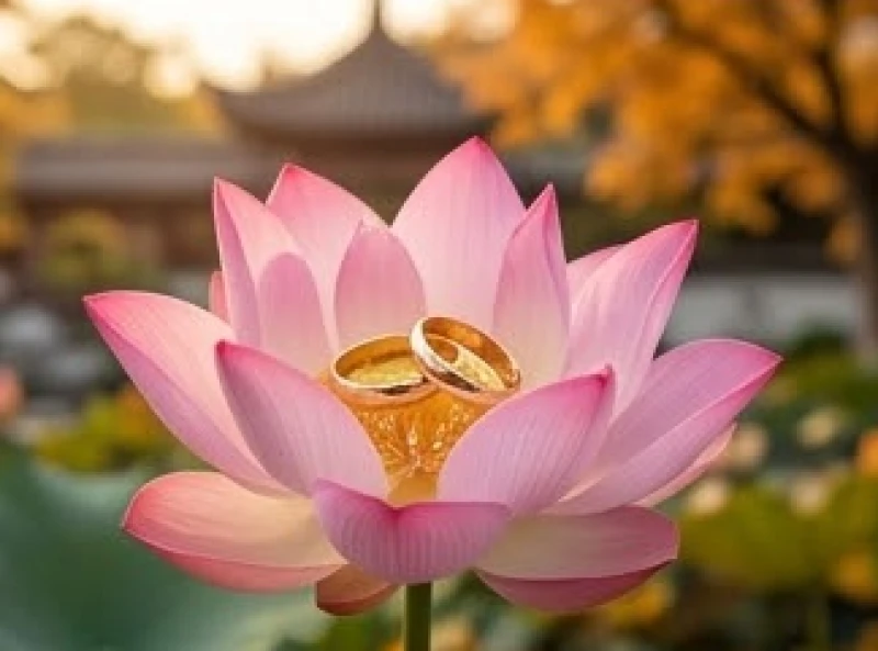 Đôi nhẫn cưới bằng vàng sáng bóng đặt trên bông hoa sen hồng tượng trưng cho tin vui gia đạo