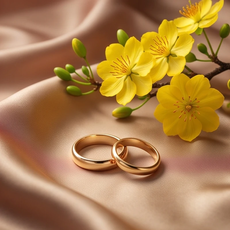 Ất Hợi 1995 Mệnh Gì: Chi Tiết Bản Mệnh Và Ứng Dụng Phong Thủy 4 Cặp nhẫn cưới lấp lánh đặt cạnh nhánh cành mai vàng tươi rực rỡ thể hiện hạnh phúc viên mãn