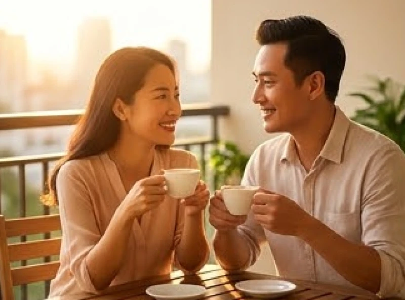 Cặp đôi vợ chồng trung niên cùng nhau thưởng trà và trò chuyện vui vẻ bên ban công đầy nắng ấm áp