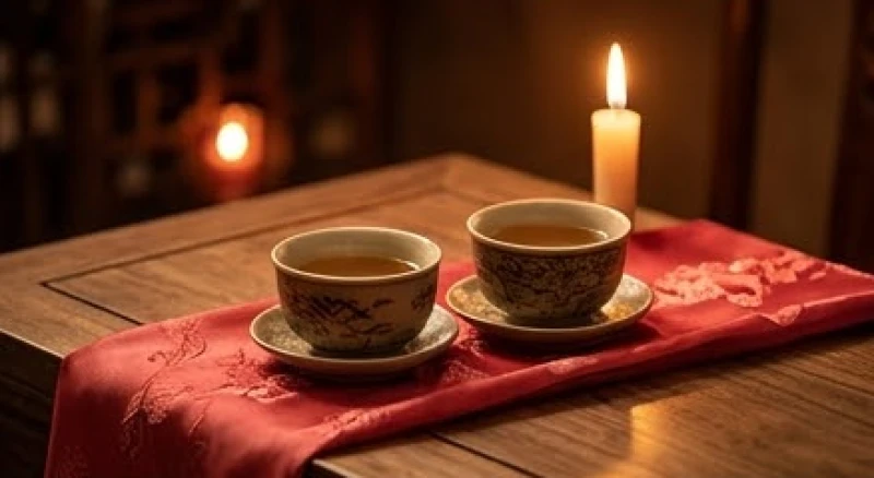 Tử vi trọn đời tuổi Đinh Tỵ 1977 nữ mạng: Mốc vận hạn & phong thủy 3 Hai chén trà gốm sứ kết đôi trên nền lụa đỏ tượng trưng cho hạnh phúc hôn nhân