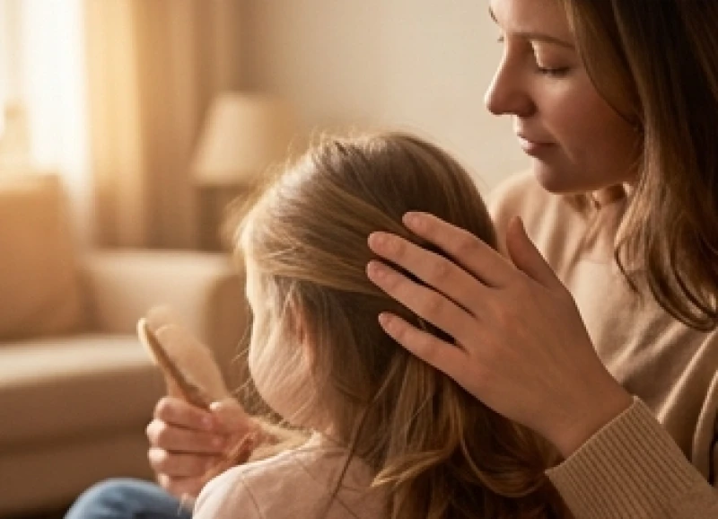 Bàn tay dịu dàng của người phụ nữ đang vuốt ve mái tóc con nhỏ thể hiện sự vun vén gia đình