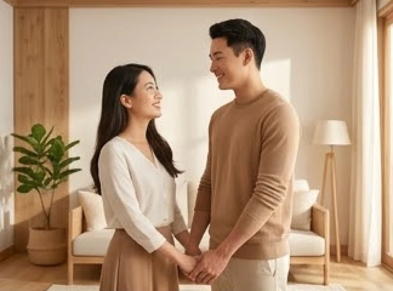 Cặp đôi trẻ đang mỉm cười hạnh phúc bên nhau thể hiện một cuộc sống hôn nhân viên mãn và thấu hiểu
