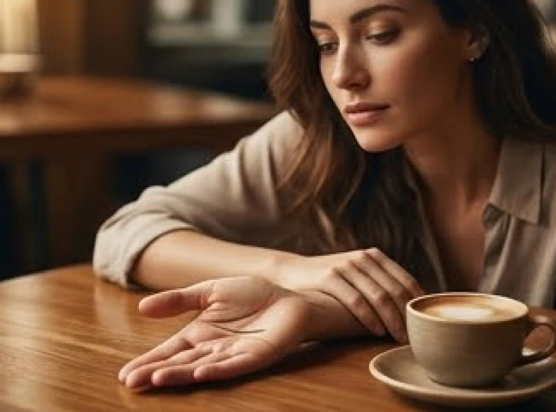 Người phụ nữ trầm ngâm bên ly cà phê với bàn tay trái có đường nếp gấp ngang đặt nhẹ nhàng trên mặt bàn gỗ