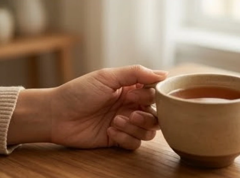 Bàn tay nữ giới đặt lên một tách trà ấm, phản ánh nội tâm sâu sắc và sự tinh tế trong cách ứng xử vợ chồng