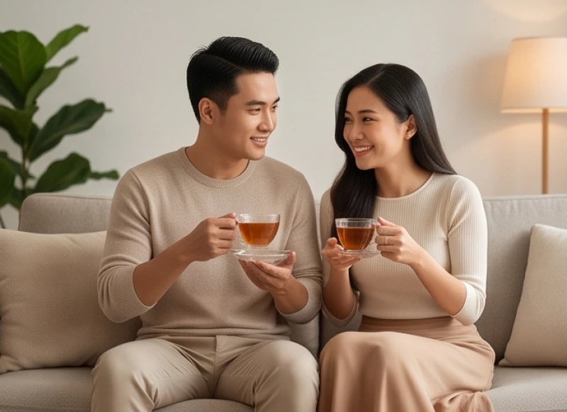 Tử vi trọn đời tuổi Giáp Tuất 1994 nữ mạng: Lộ trình & đại kỵ 2 Cặp đôi ngồi uống trà trò chuyện vui vẻ thể hiện sự thấu hiểu trong tình yêu