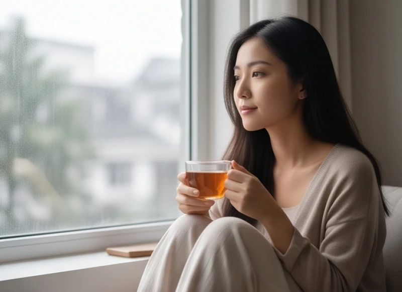 Người phụ nữ trẻ ngồi trầm ngâm bên tách trà khi suy nghĩ về chuyện gia đạo