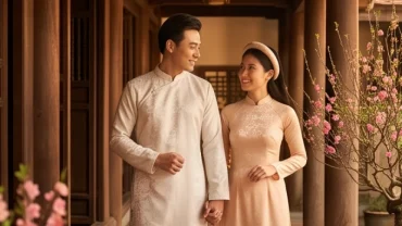 Cặp đôi hạnh phúc mặc trang phục truyền thống thể hiện tình duyên tuổi Dậu năm 2026 viên mãn