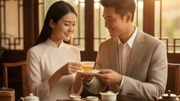 Cặp vợ chồng trẻ thảnh thơi thưởng trà trong không gian yên tĩnh thể hiện tình duyên tuổi dậu năm 2027 êm ấm