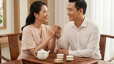 Cặp đôi hạnh phúc trong trang phục thanh lịch đại diện cho tình duyên tuổi Hợi năm 2027 viên mãn và gắn kết