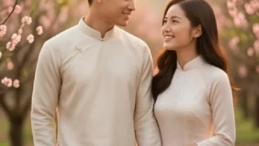 Cặp đôi nam nữ hạnh phúc rạng rỡ trong trang phục thanh lịch thể hiện tình duyên tuổi mão viên mãn