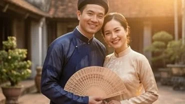 Cặp đôi hạnh phúc đại diện cho đường tình duyên tuổi Mùi viên mãn trong trang phục truyền thống Việt Nam