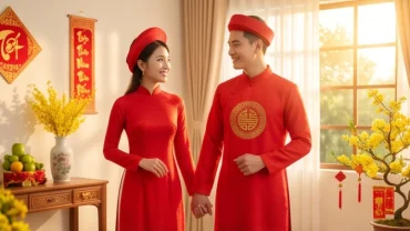 Cặp đôi mặc áo dài truyền thống hạnh phúc, đại diện cho tình duyên tuổi mùi năm 2026 viên mãn