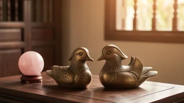 Tượng đôi uyên ương bằng đồng và quả cầu thạch anh hồng hỗ trợ phong thủy tình duyên tuổi ngọ