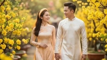 Bức tranh tươi sáng của tình duyên tuổi ngọ năm 2027 qua hình ảnh cặp đôi hạnh phúc trong trang phục áo dài
