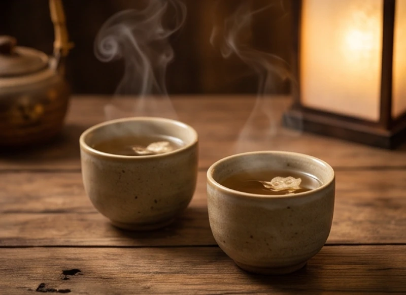 Hai tách trà sen ấm áp đặt cạnh nhau trên bàn gỗ thể hiện sự dung hòa gia đạo