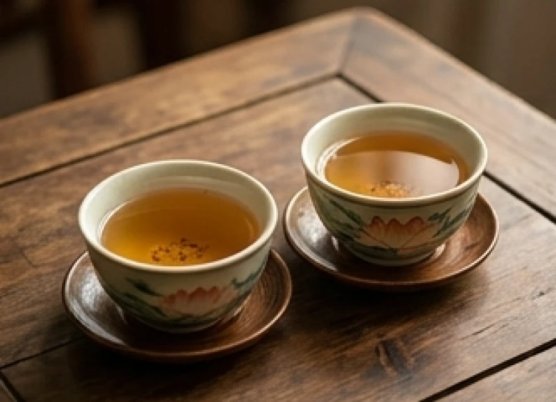 Hai tách trà hoa sen ấm nóng đặt cạnh nhau trên bàn gỗ, biểu tượng cho sự gắn kết vợ chồng