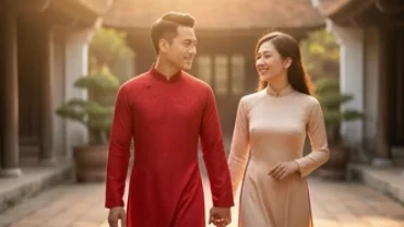 Gia đạo viên mãn trong đường tình duyên tuổi sửu qua hình ảnh cặp đôi áo dài đỏ rạng rỡ.