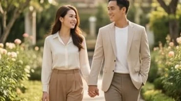 Cặp đôi mặc trang phục thanh lịch mỉm cười hạnh phúc tượng trưng cho tình duyên tuổi thân năm 2026