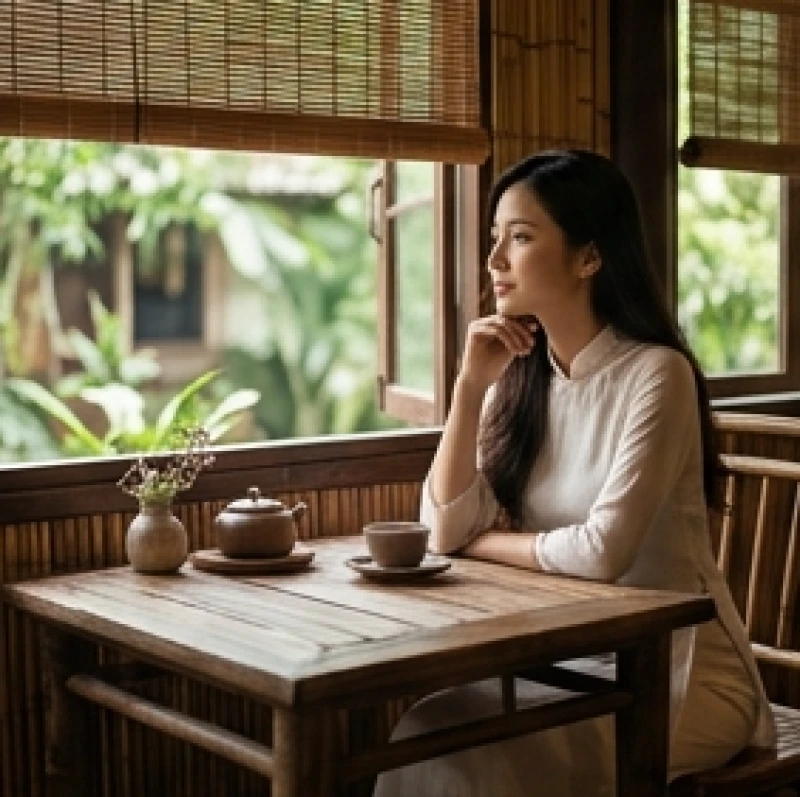 Tình duyên tuổi Thìn năm 2027: Chi tiết hỷ sự và phong thủy 5 Một cô gái trẻ ngồi tĩnh lặng tại quán trà mộc mạc, suy tư về những cơ hội tình cảm mới