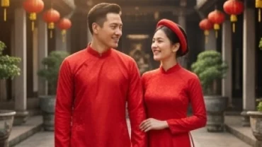 Cặp đôi người tuổi Thìn mặc áo dài truyền thống mỉm cười hạnh phúc, đại diện cho tình duyên tuổi Thìn năm 2027