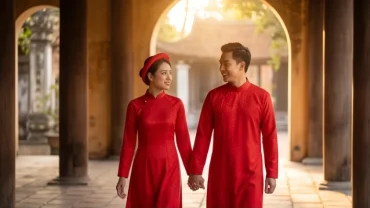 Cặp đôi nam nữ mặc áo dài truyền thống mỉm cười hạnh phúc rạng rỡ trong ngày vui tình duyên tuổi tuất