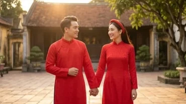Cặp đôi mặc áo dài truyền thống Việt Nam hạnh phúc trong lễ cưới, đại diện cho tình duyên tuổi Tuất năm 2027