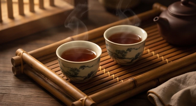 Hai tách trà mạn nóng hổi đặt cạnh nhau trên bàn gỗ, biểu tượng cho sự gắn kết gia đạo và tình duyên