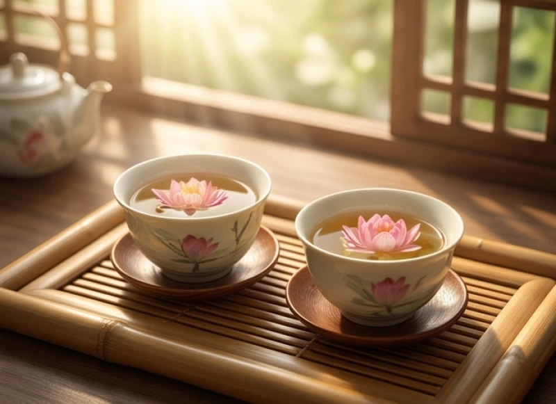 Hai tách trà sen ấm áp đặt cạnh nhau trên bàn gỗ đại diện cho nhân duyên chớm nở theo tử vi tuổi tý năm 2027