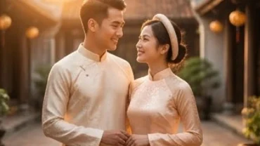 Cặp đôi mặc áo dài truyền thống mỉm cười hạnh phúc tượng trưng cho tình duyên tuổi tỵ năm 2026 viên mãn