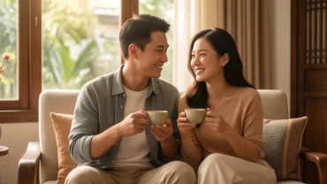 Cặp đôi hạnh phúc uống trà trong không gian ấm cúng thể hiện tình duyên tuổi tỵ năm 2027