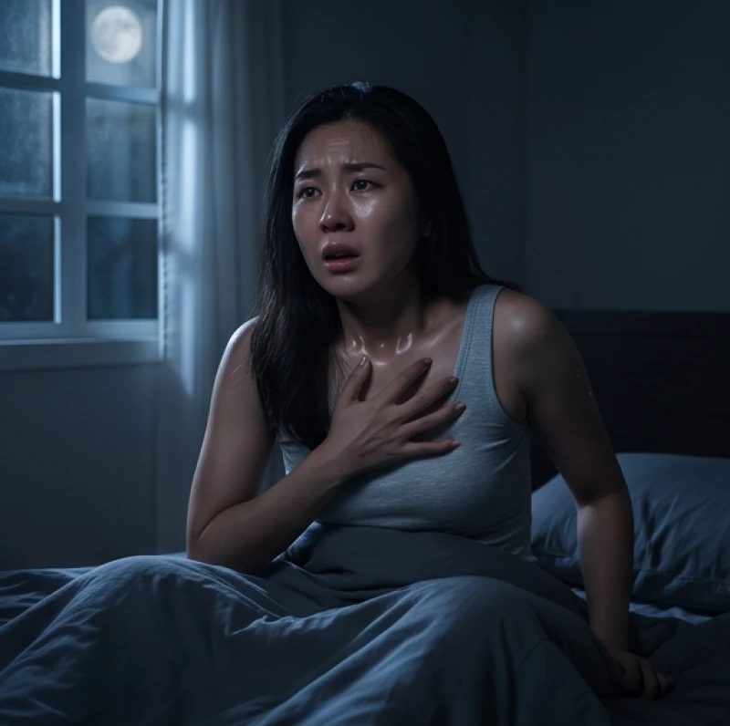 Người phụ nữ toát mồ hôi ôm ngực thức dậy giữa đêm sau khi mơ thấy chó cắn chảy máu ở tay