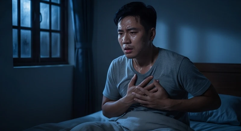 Mơ thấy đám ma người lạ: Giải mã theo bối cảnh và cảm xúc 4 Một người giật mình tỉnh giấc giữa đêm với khuôn mặt lấm tấm mồ hôi do gặp phải mộng mị căng thẳng