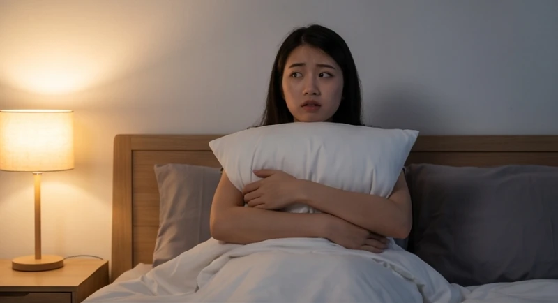 Mơ thấy người khác khoả thân: Điềm báo và cách giải tỏa tâm lý 1 Cô gái ôm gối bối rối và suy nghĩ sau khi mơ thấy người khác khoả thân trong đêm