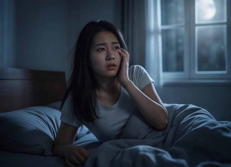 Người phụ nữ thức giấc giữa đêm với vẻ mặt lo âu sau khi mơ thấy mất đồ quan trọng