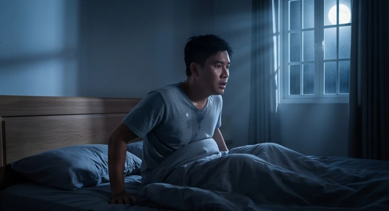 Mơ thấy chùa bị cháy: Điềm báo, con số và nghi thức hóa giải 1 Người phụ nữ giật mình tỉnh giấc giữa đêm với khuôn mặt lo âu sau giấc mơ thấy chùa bị cháy